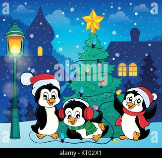 Weihnachtsbaum und Pinguine Bild 5-eps 10 Vector Illustration. Stock Vektor