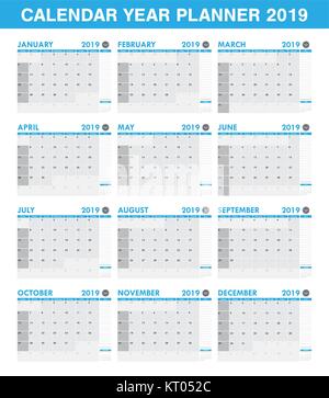 Einfache 2019 Jahresübersicht Kalender alle Monat Stock Vektor