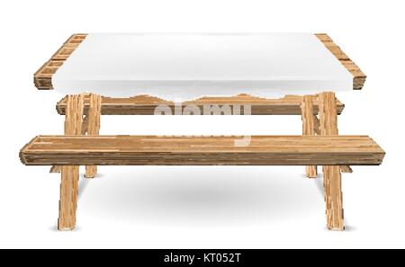Holz Picknick Tisch mit weißer Tischdecke Vektor Stock Vektor