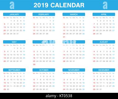 Einfache 2019 Jahr Kalender alle Monat Stock Vektor