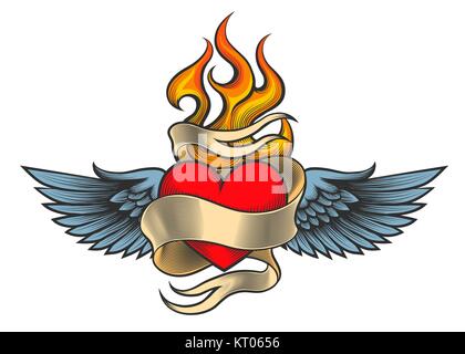 Flammende Herz mit Flügeln und Farbband im retro Tattoo Stil gezeichnet. Vector Illustration. Stock Vektor