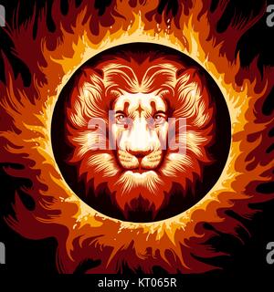 Lion's Head in der Flamme. Sternzeichen symbol Leo auf Feuer Hintergrund. Vector Illustration. Stock Vektor