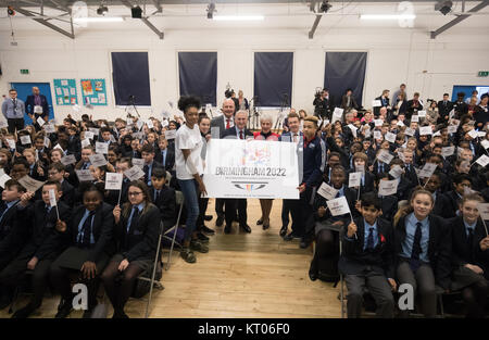 Birmingham ist für die Commonwealth Games 2022 während der Commonwealth Games Federation Medien Konferenz kündigte in der Arena Akademie in Birmingham. Stockfoto