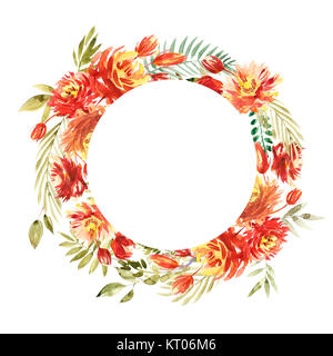 Vintage Karte, Aquarell einladung hochzeit Design mit rote Pfingstrose, verlässt. Blume Hintergrund mit floralen Elementen für Text, Aquarell Hintergrund. Vorlage. Kranz, runden Rahmen. Stockfoto