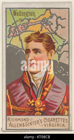 Dieses Porträt von Arthur Wellesley, 1. Duke of Wellington, ist Teil der Serie „Great Generals“ von Allen & Ginter Cigarettes. Es zeigt den Herzog, der für seine Führung während der Schlacht von Waterloo und seine Rolle in der europäischen Geschichte bekannt ist. Stockfoto