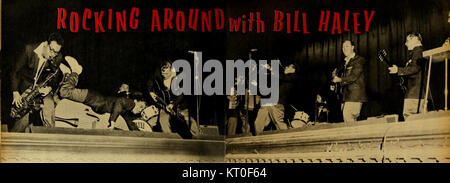 Bill Haley & His Comets waren eine US-amerikanische Rock-and-Roll-Band, die in den 1950er Jahren für ihre einflussreiche Musik bekannt war Der Auftritt der Gruppe in der Februar-Ausgabe 1957 von TV Radio Mirror unterstrich ihre Bedeutung für die Populärkultur, insbesondere mit ihrem Hit Rock Around the Clock. Die Publikation war eine wichtige Quelle für Unterhaltungsnachrichten in dieser Zeit. Stockfoto