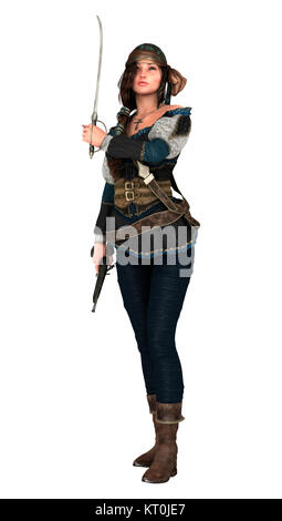 3D-Rendering Pirate Frau auf Weiß Stockfoto