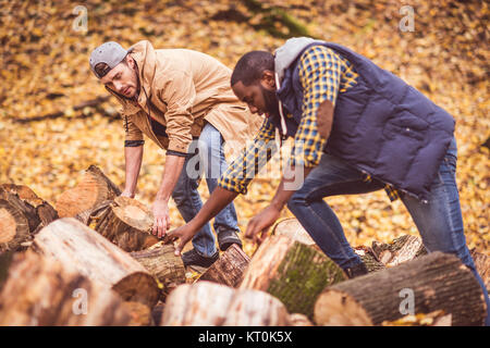 Junge Männer in der Nähe von trockenen Baumstümpfe im Wald Stockfoto
