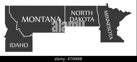 Idaho - Montana - North Dakota - Minnesota Karte beschriftet Schwarz Stockfoto