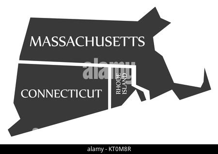 Massachusetts, Connecticut, Rhode Island Karte mit der Bezeichnung schwarz Stockfoto