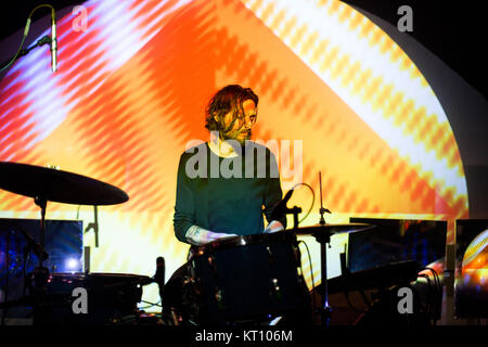 Die amerikanische Psychedelic Rock Band Mond Duo führt ein Live Konzert bei Blå in Oslo. Hier touring Drummer John Jeffrey wird gesehen, live auf der Bühne. Norwegen, 30.03.2017. Stockfoto