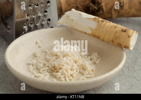 Schüssel mit frisch geschält und gerieben junge meerrettich, Stockfoto