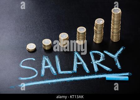 Gehalt Konzept mit gestapelten Münze auf Blackboard Stockfoto