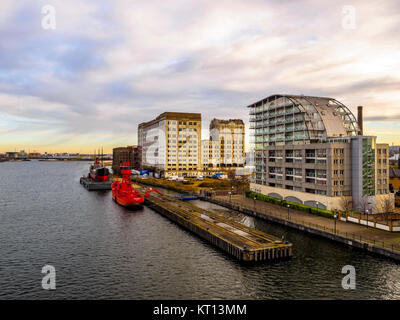 Das Millennium Mühlen und Feuerschiff 93&SS Robin Dampf coaster auf Ponton Royal Victoria Dock, London, England Stockfoto