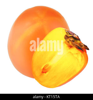 Isolierte Persimmon. Eine und eine halbe Kaki Frucht mit weißem Hintergrund mit Freistellungspfad Stockfoto