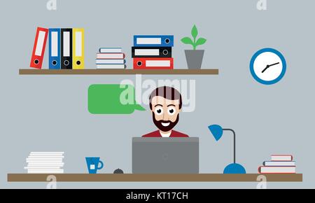 Vector Illustration von Office mit Uhr, Ordner und Blume auf Regal und Mann sitzt am Schreibtisch mit Laptop, Maus, Kaffee und Lampe Stock Vektor