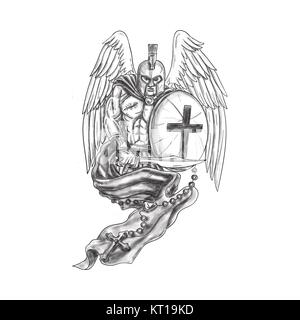 Spartan Warrior Angel Schild Rosenkranz Tattoo Stockfoto