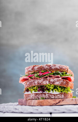 Sandwich mit Vollkornbrot Salami Kresse Gurken und Quark Stockfoto