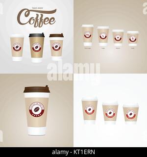 Kaffee auf der Go-Cups. Verschiedene Größen von nehmen Sie Papier Kaffeetassen Vector Illustration. Stock Vektor