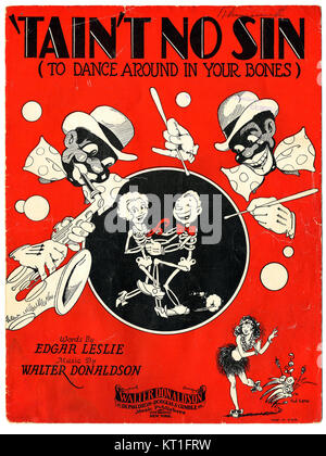 Das Notenblatt für Tai't No Sin (to Dance Around in Your Bones), das 1929 veröffentlicht wurde, enthält den Text von Andy Razaf und die Musik von J. C. Johnson. Das Lied spiegelt die Jazz- und Blues-Einflüsse der Epoche wider und fängt den lebhaften und rebellischen Geist der Roaring Twenties ein. Stockfoto