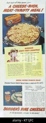 Diese Borden-Werbung aus der Januar-Ausgabe 1965 des Ladies Home Journal wirbt für eine kostengünstige Mahlzeit mit Käse und Fleisch und zeigt erschwingliche und nahrhafte Mahlzeiten für Familien. Stockfoto