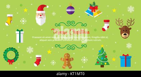 Satz von Weihnachten Symbole im Internet Banner in Vector Illustration. Symbol von Bell, Strumpf, Weihnachtsbaum, Rentier, Geschenk, Santa Claus, Schneemann. Tem Stock Vektor