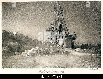 Die Fram, ein berühmtes Polarforschungsschiff, ist auf diesem Bild zu sehen, das während seiner Expeditionen in der Arktis und Antarktis im Eis gefangen war. Das Schiff spielte eine entscheidende Rolle bei der Erkundung beider Polarregionen im späten 19. Und frühen 20. Jahrhundert. Stockfoto