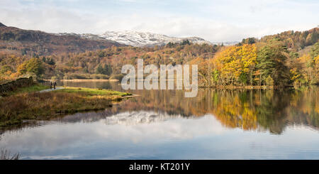 Bäume im Herbst Farben spiegeln sich in Rydal Wassersee, eingebettet unter schneebedeckten Bergen, im englischen Lake District National Park. Stockfoto