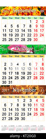 September Oktober und November 2017 mit farbigen Bildern in Form von Kalender Stockfoto