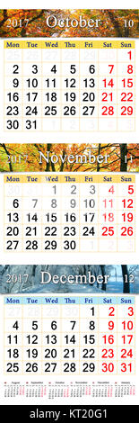 Oktober November und Dezember 2017 mit farbigen Bildern in Form von Kalender Stockfoto