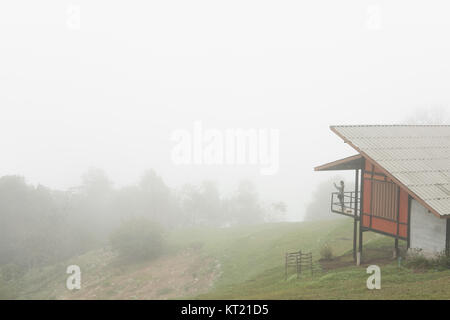 Frau auf der Terrasse des Hauses mit Nebel auf dem Berg am Morgen. touristische Foto aufnehmen von Nebel auf Hill. Natur Landschaft Stockfoto