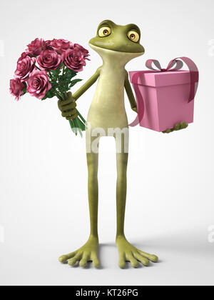 3D-Rendering der romantischen cartoon Frosch mit einem Blumenstrauß aus Rosen und ein Geschenk. Stockfoto