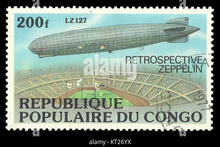 Kongo - ca. 1977: Farbe Stempel auf Thema Retrospektive von Luftschiffen, zeigt Zeppelin LZ 127 Stockfoto