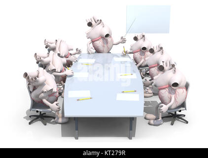 Viele Menschenherzen Organe treffen rund um den Tisch und ihr Chef, 3D-Illustration folgen Stockfoto