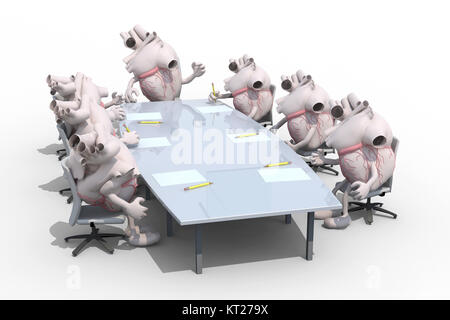 Viele Menschenherzen Organe treffen rund um den Tisch und ihr Chef, 3D-Illustration folgen Stockfoto