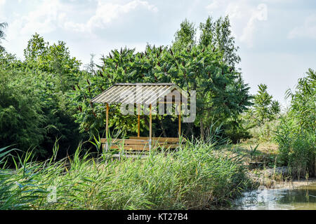 Laube am Ufer des Teiches. Rastplatz auf der Natur der w Stockfoto