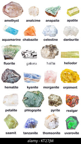 Sammlung von verschiedenen Rohstoffen Mineralien mit Namen Stockfoto