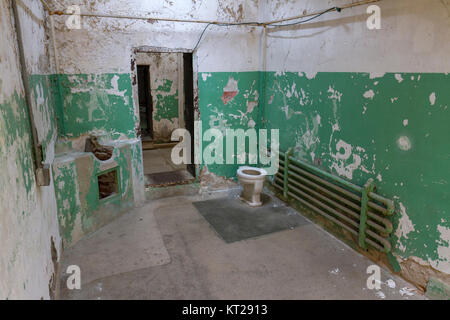 Gefängniszelle mit Waschbecken und wc im östlichen Zustandpenitentiary Historic Site, Philadelphia, USA. Stockfoto