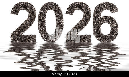 Ziffer 2026 von Schwarz eine Natürliche Zeichenkohle, auf weißem Hintergrund, der Reflexion im Wasser Stockfoto