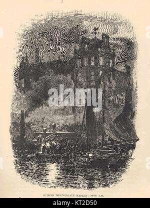 Dieses Foto zeigt die Szene am frühen Morgen vor dem Billingsgate Market in London um 5:00 UHR. Das Bild zeigt die Hektik des Fischmarktes, wo Arbeiter Waren entladen und sich auf das Tagesgeschäft vorbereiten. Stockfoto