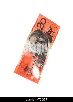 Australische zwanzig Dollar-Note auf dem weißen Hintergrund isoliert Stockfoto