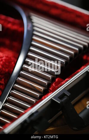 Panflöte. Musikinstrument. Seltene Panflöte. Stockfoto