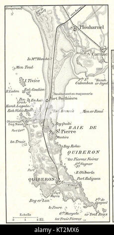 Diese historische Karte zeigt die Verwandlung ehemaliger Inseln in Halbinseln aufgrund von Sedimentablagerungen mit Schwerpunkt auf der Quiberon-Halbinsel in Morbihan, Frankreich. Auf der Karte werden geologische und geografische Veränderungen im Laufe der Zeit hervorgehoben. Stockfoto