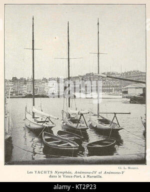 Dieses Bild zeigt die Yachten Nymphe, Anemone-IV und Anemone-V, die im alten Hafen von Marseille, Frankreich, angedockt sind. Der Vieux-Port ist ein historischer und aktiver Hafen, der für seine maritime Bedeutung und seine malerische Aussicht auf das Mittelmeer bekannt ist. Stockfoto