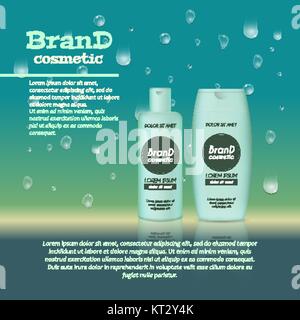 3D realistische kosmetische Flasche ads Vorlage. Kosmetische Marke Werbung Konzept Design mit Wasser blasen und Wassertropfen Hintergrund. Stock Vektor