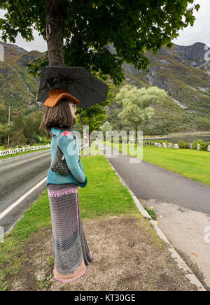 Kammgarn Strickwaren deckt Baumstämme am Eidfjord in Norwegen Stockfoto