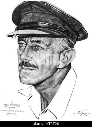 Alec Guinness, ein bekannter englischer Schauspieler, war bekannt für seine vielseitigen Rollen in Film und Theater. 1957 hatte er bereits große Anerkennung erhalten, unter anderem für seine ikonische Aufführung in der Brücke am Fluss Kwai. Guinness ist bekannt für sein breites Spektrum an Rollen, sowohl komödiantisch als auch dramatisch, was ihn zu einer zentralen Figur im Kino des 20. Jahrhunderts machte. Stockfoto