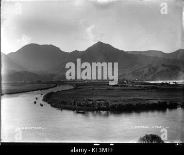 Dieses Foto zeigt die landschaftliche Schönheit von Hanalei, einer Stadt in Kauai, Hawaii, aufgenommen von Bruder Bertram. Das Bild zeigt die natürliche Landschaft und die ikonischen Merkmale der Hanalei Bay. Stockfoto
