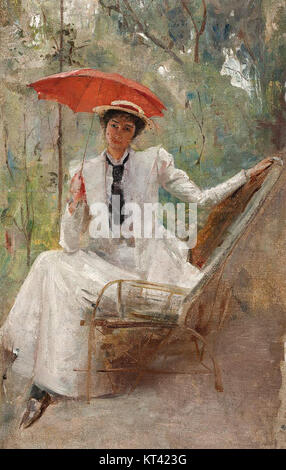 „Lady with a Parasol“ ist ein Gemälde von Tom Roberts, das um 1889 entstand. Das Kunstwerk zeigt eine Frau mit einem Sonnenschirm, die das Licht und die Atmosphäre der Zeit in einem impressionistischen Stil einfängt. Stockfoto