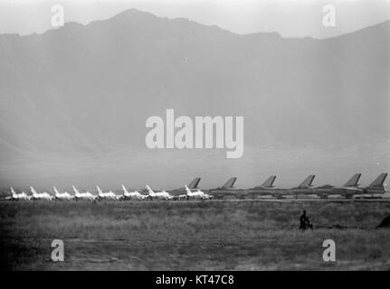 1959 wurden sowjetische MiG-15-Kampfflugzeuge und Il-28-Bomber im Rahmen der militärischen Unterstützung während des Kalten Krieges in Kabul stationiert. Diese Flugzeuge waren Teil einer umfassenderen sowjetischen Strategie zur Stärkung ihres Einflusses in der Region während dieser Zeit der verschärften geopolitischen Spannungen. Stockfoto